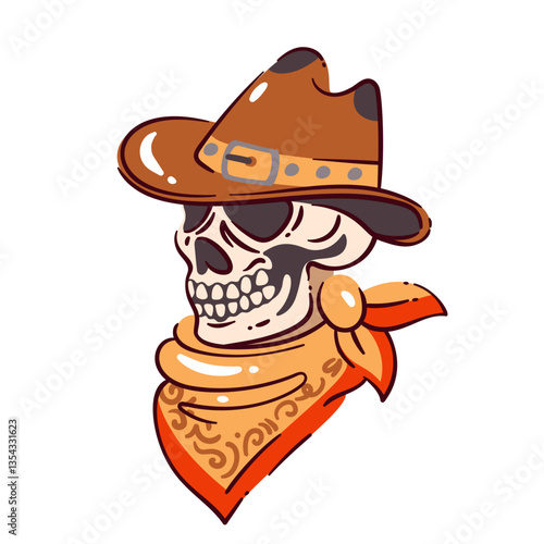Cowboy skull with brown hat and scarf. Scary skeleton head of outlaw or sheriff, skull of cartoon dead man in Wild west desert. Western America, horror mascot vector illustration