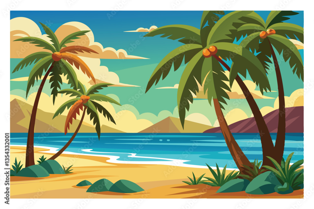 Seaside Paradise: Vivid depiction of a beach scene with palm trees and the calm sea, perfect for travel and relaxation Seaside Paradise: Vivid depiction of a beach scene with palm trees and the calm sea, perfect for travel and relaxation