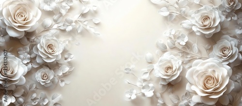 Fototapeta Naklejka Na Ścianę i Meble -  White roses beige background wedding invitation
