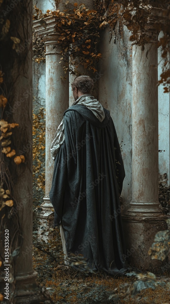Naklejka premium Man in dark cloak stands before weathered stone columns silently.