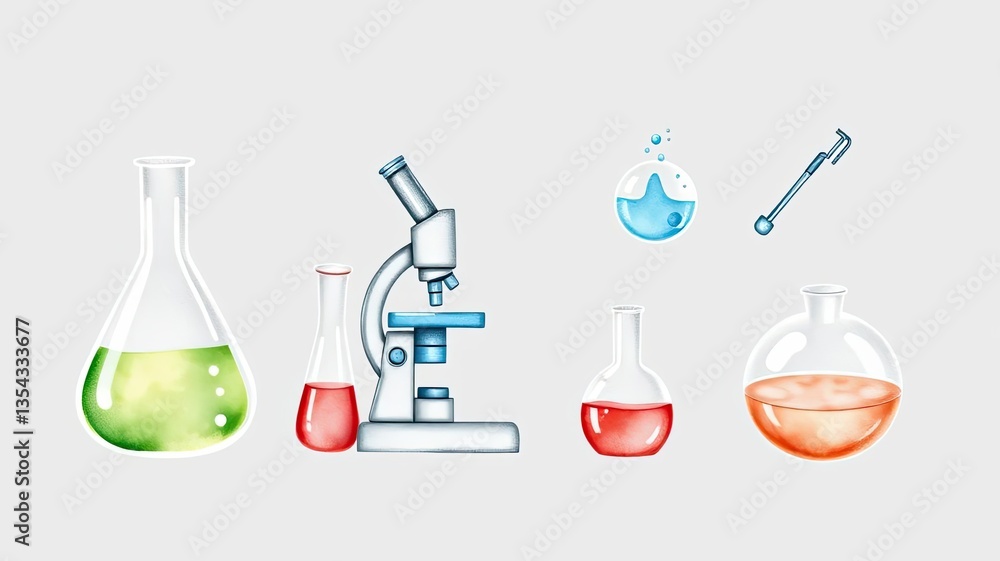 Watercolor Science Lab Equipment Microscope Flasks Beaker Chemistry Research Watercolor Science Lab Equipment Microscope Flasks Beaker Chemistry Research