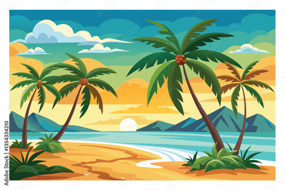 Paradise Palms: Capture the essence of a tropical paradise with a vibrant illustration featuring palm trees swaying gently on a sandy beach, under the warm glow of the setting sun. Paradise Palms: Capture the essence of a tropical paradise with a vibrant illustration featuring palm trees swaying gently on a sandy beach, under the warm glow of the setting sun.