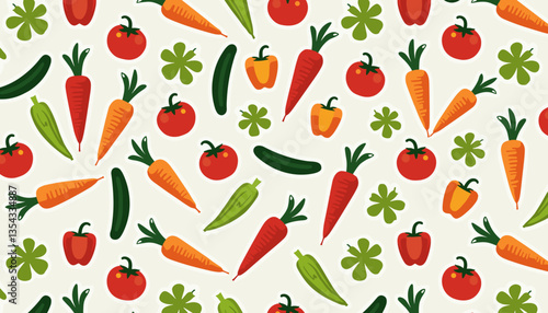 Vector illustration of colorful vegetables pattern including carrots, tomatoes, peppers, and cucumbers
