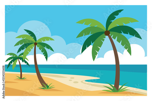 Paradise Coastline: A tropical scene of palm trees swaying gently on a sandy beach, with a bright blue ocean stretching out under a clear sky.