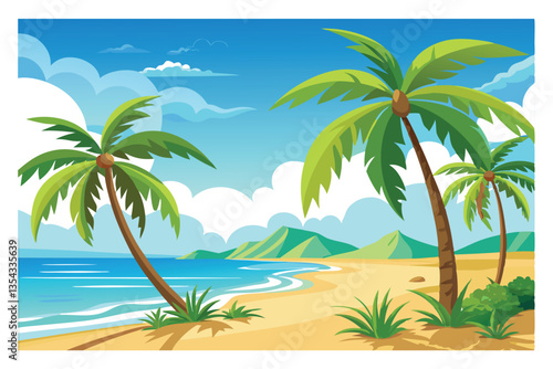 Tropical Paradise Illustration: A vibrant illustration depicts a serene beach scene, complete with swaying palm trees, gentle waves, and a clear blue sky.