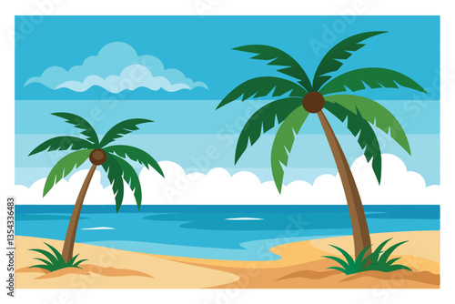 Tropical Paradise: A vibrant illustration of a tropical beach scene, featuring swaying palm trees, the gentle lapping of the ocean, and fluffy clouds in the sky.