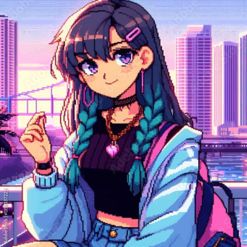 Ilustración de chicas de Miami al estilo de los 90: estampado vintage de píxeles y gráficos vectoriales EPS10. Colores vivos, atmósfera retro, emblema con diseño nostálgico inspirado en una era donde 