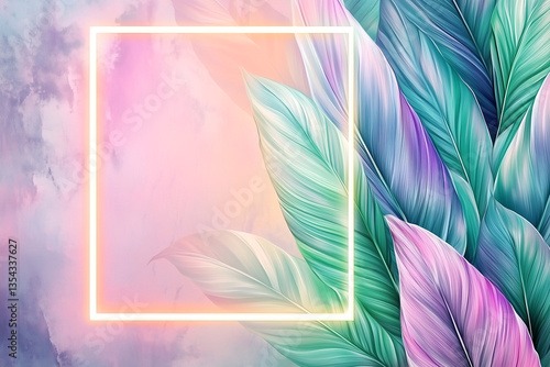 Neon green leafy plant with a white frame. The background is a light blue color