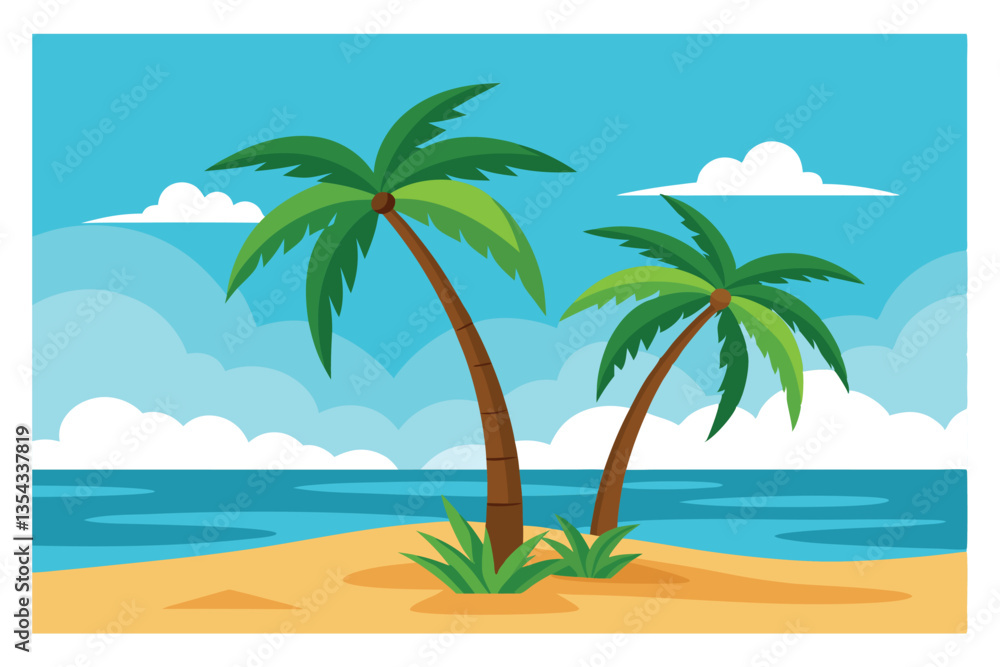 Paradise Palms: Capturing the idyllic tranquility of a tropical scene, two palm trees sway gently against a backdrop of azure sea and sky, a true escape to paradise.