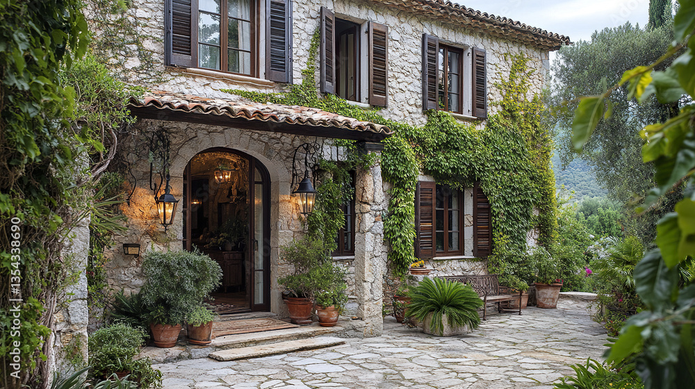 Fototapeta premium Charming Mediterranean house with ivy covered stone walls and lush garden