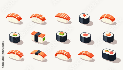 Vector illustration of colorful sushi varieties including salmon, tuna, and vegetable rolls on a light background