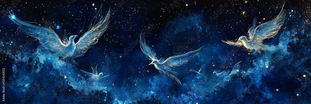 Ethereal birds soaring through starry night sky, painted glow. Ethereal birds soaring through starry night sky, painted glow.