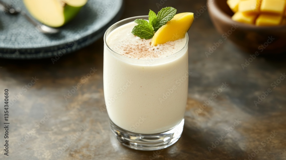 Refreshing traditional Pakistani mango lassi served in rustic tableware with mint and mango garnish, perfect for hot summer days Refreshing traditional Pakistani mango lassi served in rustic tableware with mint and mango garnish, perfect for hot summer days