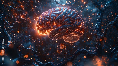 Glowing brain within dark, intricate network.