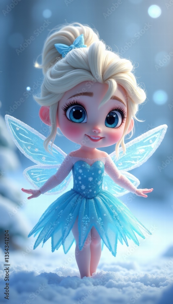 Enchanting fairy with sparkling wings and a pastel blue dress, standing in a snowy landscape, exuding a whimsical and magical aura perfect for children's themes. Enchanting fairy with sparkling wings and a pastel blue dress, standing in a snowy landscape, exuding a whimsical and magical aura perfect for children's themes.