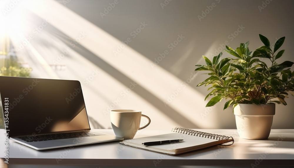 Modern Home Office Workspace with Laptop, Coffee, and Natural Light Modern Home Office Workspace with Laptop, Coffee, and Natural Light