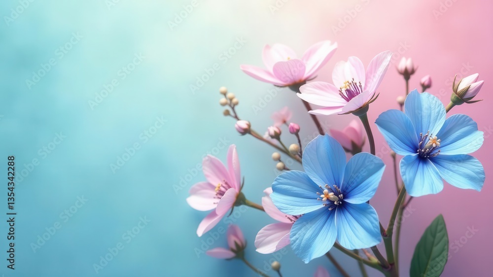 Fototapeta premium Pastel blossoms on a soft background, delicate petals in shades of pink and blue, a tranquil floral arrangement, perfect for springtime greetings or peaceful imagery.