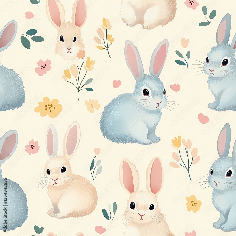 A playful pattern featuring cute rabbits and colorful flowers, perfect for spring designs.