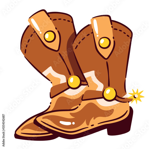 Pair of cowboy boots with spurs. Two traditional leather brown shoes of country style for rodeo, ranch. Wild west footwear mascot, retro boots of cowgirl cartoon vector illustration
