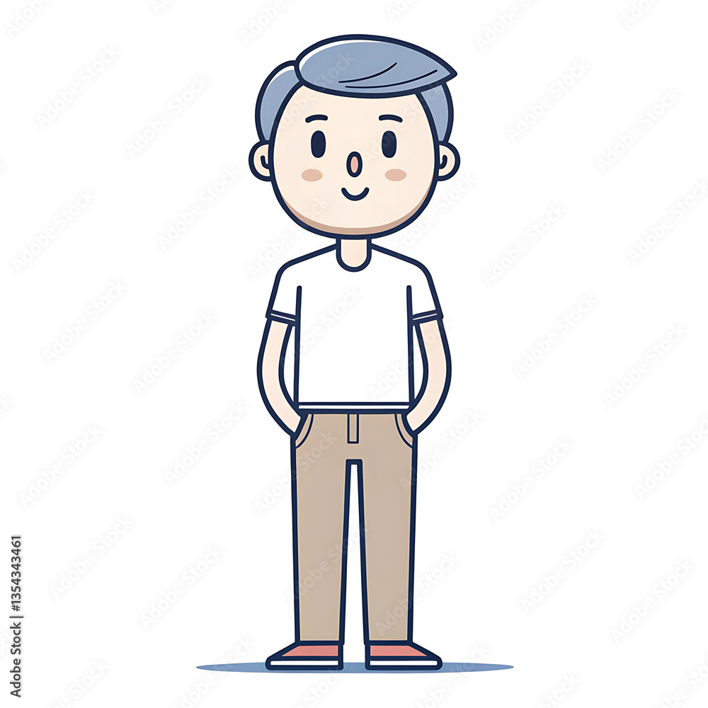 A casually confident young man with light grey hair, standing relaxed in a simple white t-shirt and beige pants, featuring clean line art and pastel colors. A casually confident young man with light grey hair, standing relaxed in a simple white t-shirt and beige pants, featuring clean line art and pastel colors.
