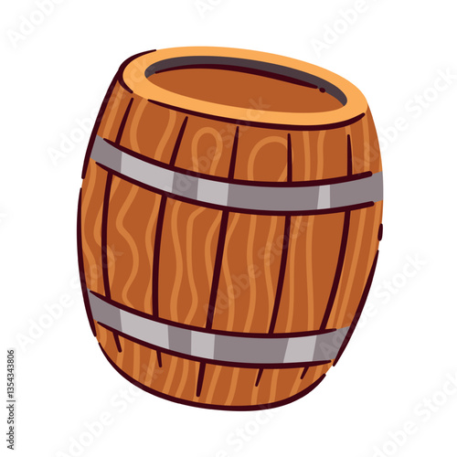 Wooden barrel for alcohol storage. Vintage brown oak cask of whiskey or bourbon, cognac, brandy. Wild west saloon, winery mascot, cartoon wood barrel of cellar vector illustration