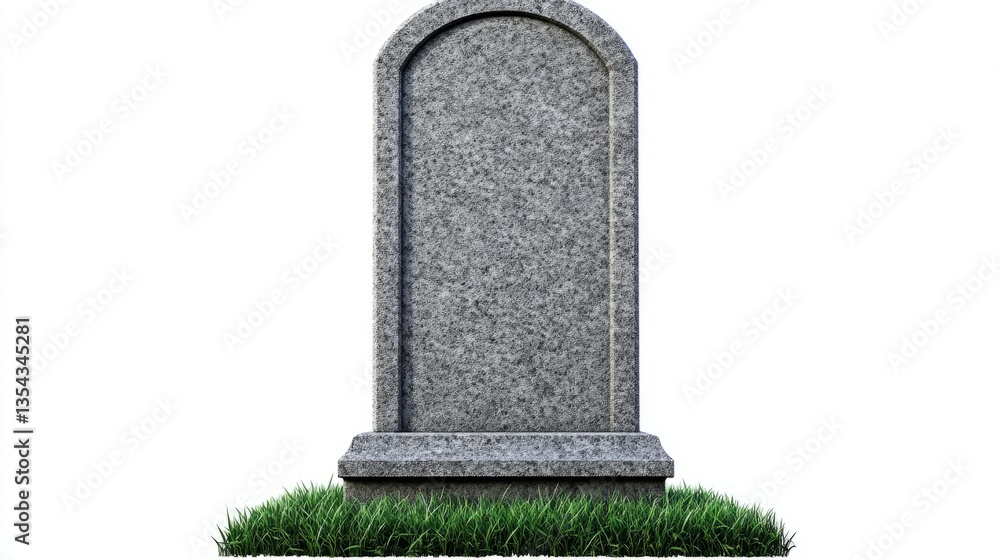 Grey stone headstone with a tall classic shape, curved top, and smooth surface, placed on a grass base, isolated on transparent background for grave designs. Grey stone headstone with a tall classic shape, curved top, and smooth surface, placed on a grass base, isolated on transparent background for grave designs.