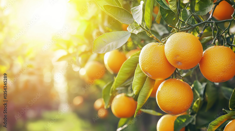 Close-up of ripe oranges hanging on a tree with sunlight filtering through the leaves. Close-up of ripe oranges hanging on a tree with sunlight filtering through the leaves.