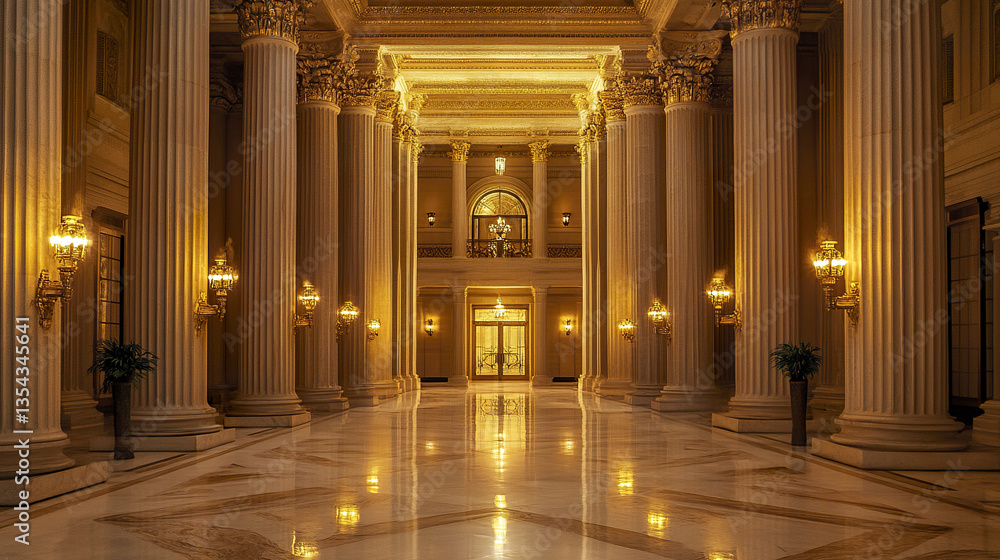 Fototapeta premium grand hall with massive fluted columns and ornate lighting