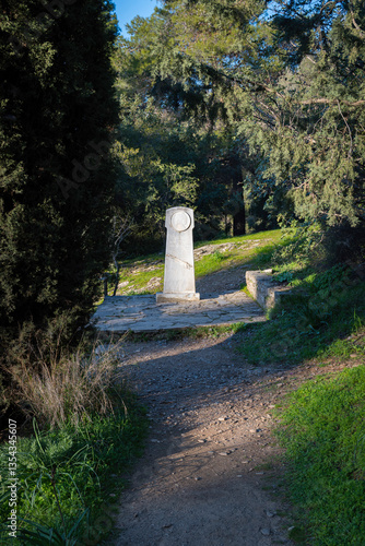 Memorial dedicated to Kaiti Argyropoulou at Kesariani aesthetic forest on mountain Hymettus (Ymittos)