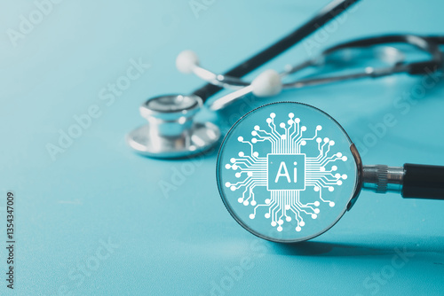 Artificial intelligence in healthcare, magnifying glass highlighting AI with a stethoscope in the background, representing medical technology, innovation, and future health solutions.