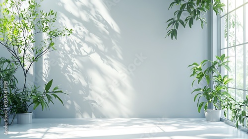 Sunlit minimalist room with plants and large window.