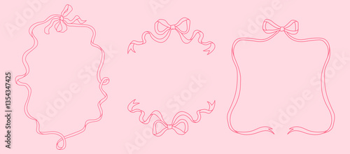 Set of 3 Hand-drawn vector ribbon frame with pink bow for valentines, posters, and wedding invitations. Cute decorative border
