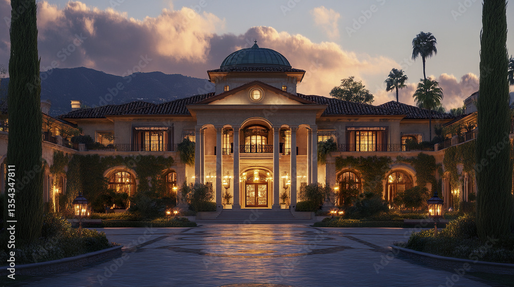 Fototapeta premium Grand Renaissance inspired estate with towering columns at sunset