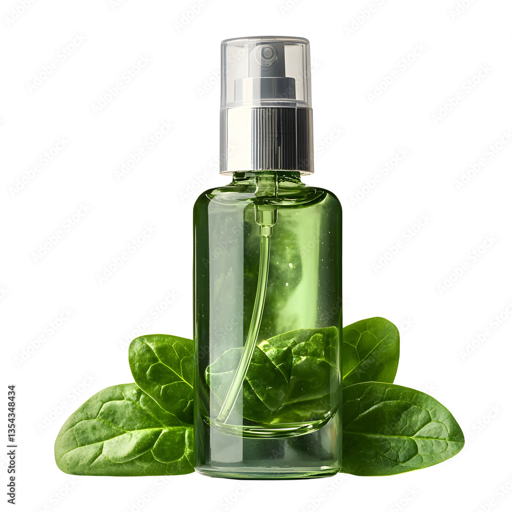 Photography of Spinach Hydrating Face Mist on Plain White Transparent Background Photography of Spinach Hydrating Face Mist on Plain White Transparent Background