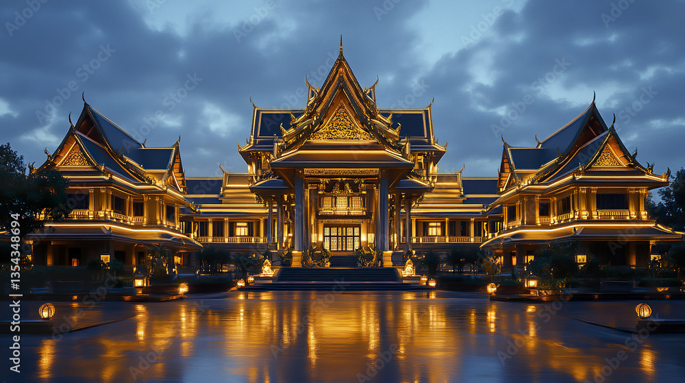 Naklejka premium Grand Thai palace style house with golden lights reflecting on water