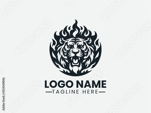 lion head with stylized flame mane. Powerful animal logo