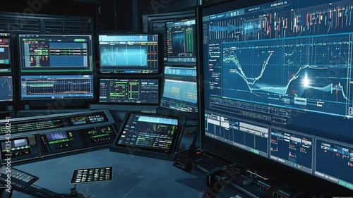Multiple Computer Screens Displaying Data and Graphs