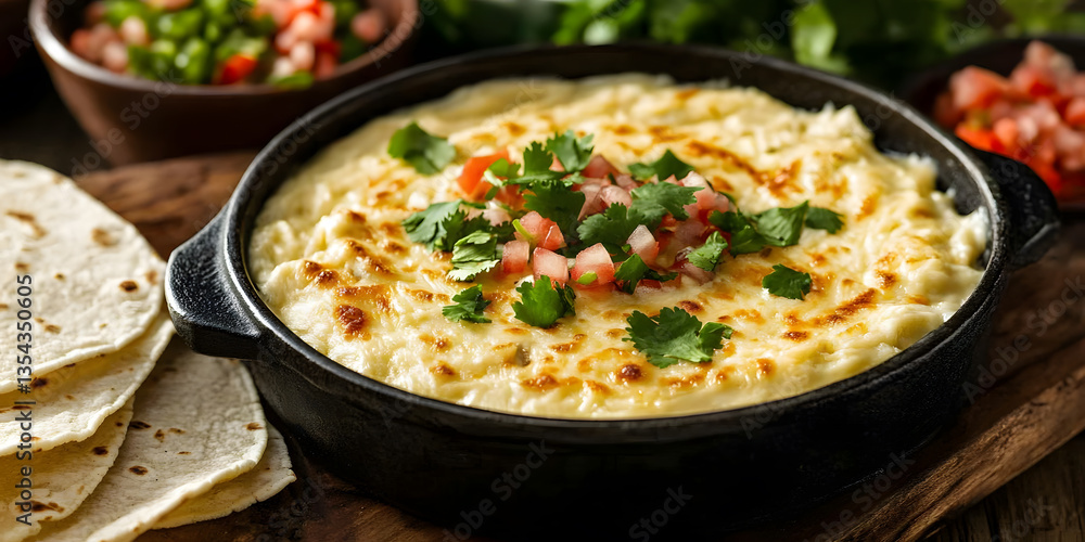 Melted queso fundido in a cast iron skillet topped with avocado and cilantro. Melted queso fundido in a cast iron skillet topped with avocado and cilantro.