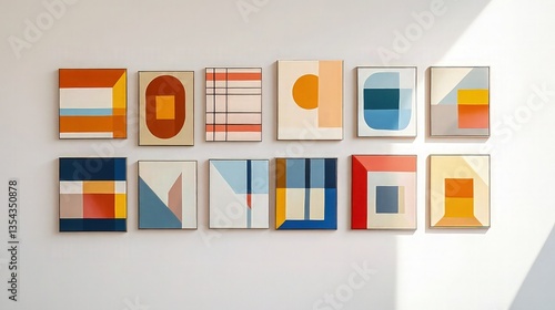 Fototapeta Naklejka Na Ścianę i Meble -  A series of tiny abstract paintings exploring various geometric patterns in a single color scheme are shown on a gallery wall.