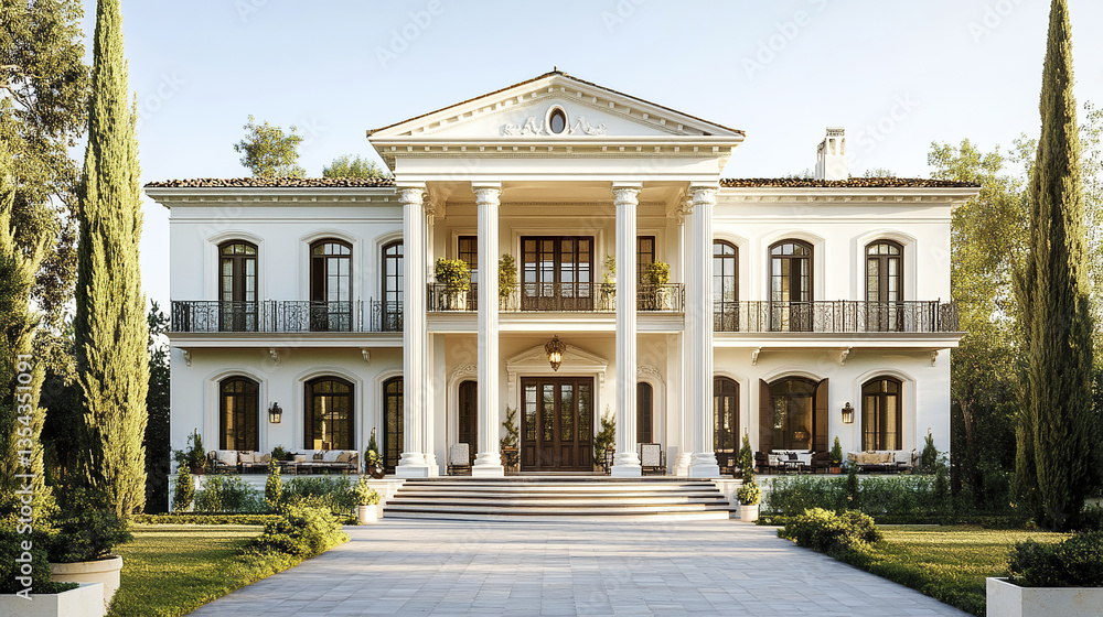 Fototapeta premium Elegant Greek inspired villa with white columns and lush greenery