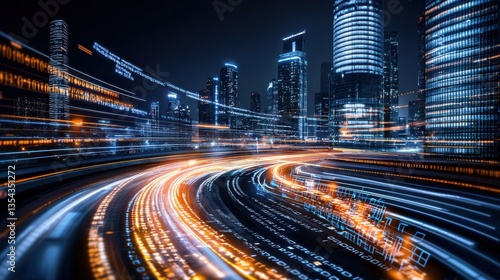 Breathtaking illuminated night cityscape featuring a panoramic view of towering skyscrapers blurred motion trails and reflective glass surfaces that showcase the dynamic futuristic
