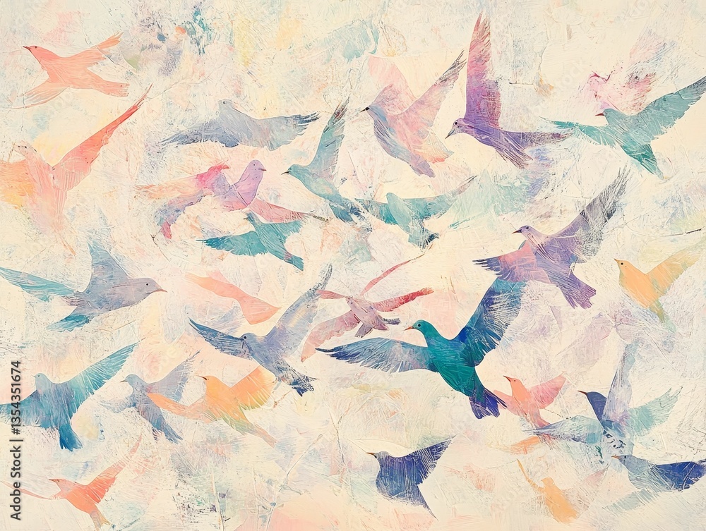 Fototapeta premium Colorful watercolor birds flying gracefully together upwards.