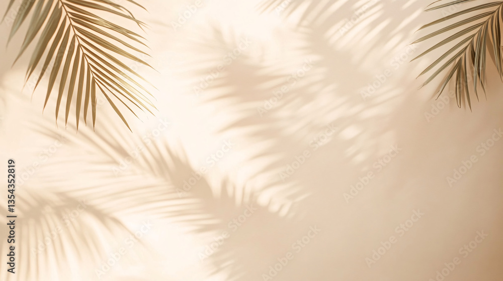Obraz premium Palm leaf shadows and sunlight patterns on neutral walls with tropical light aesthetics, including close-up of green palm frond against clear blue sky, ideal for summer background and minimal design