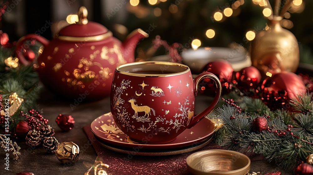 Fototapeta premium A Festive Christmas Tea Setting with Elegant Red and Gold Teacup and Teapot