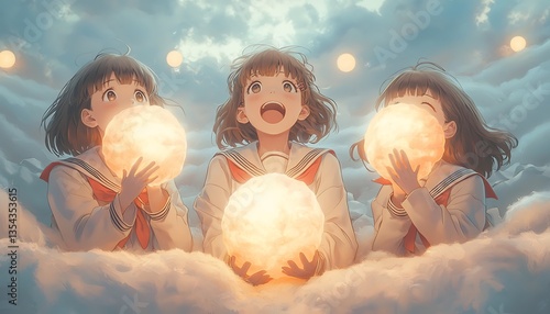 Girls holding moons with dreamy sky.