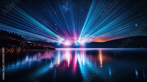A display of lights over a calm lake, with colorful laser beams bouncing off the water's surface against a starry night sky.
