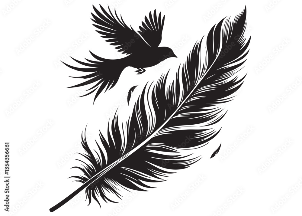 Obraz premium vector silhouette of a feather with flying bird logo, feather with flying bird logo icon, feather with bird logo design black animal, black feather with flying bird silhouettes on white background