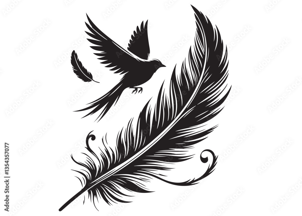 Obraz premium vector silhouette of a feather with flying bird logo, feather with flying bird logo icon, feather with bird logo design black animal, black feather with flying bird silhouettes on white background