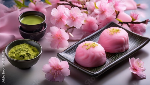 Wallpaper Mural 桜の花を模したピンク色の和菓子と抹茶のセット Torontodigital.ca