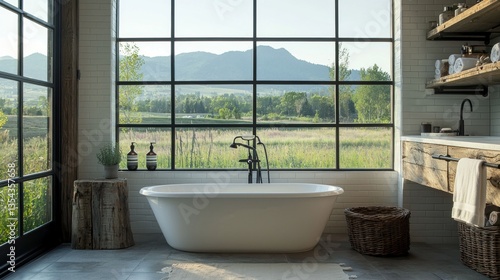 Serene Mountain View Bathroom: Rustic Farmhouse Design